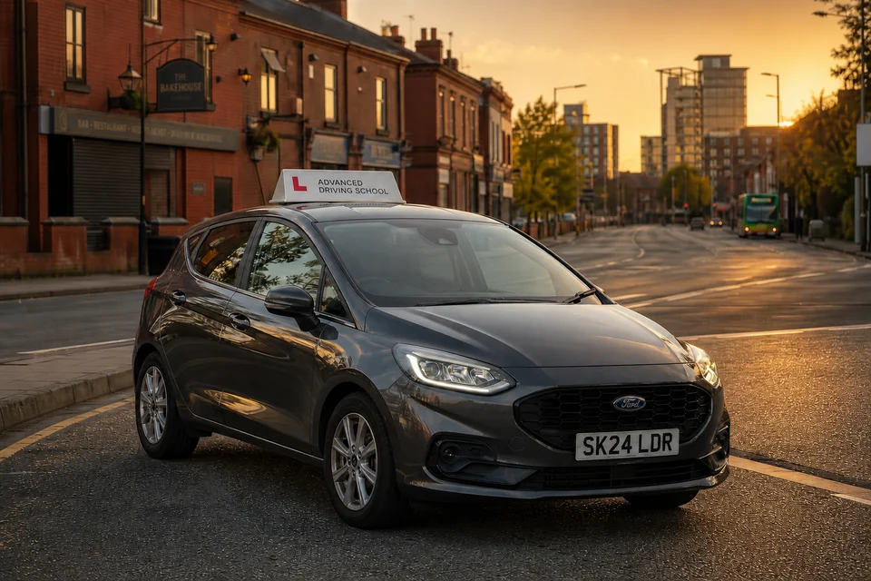 Advanced Driving School automatic compact hatchback at golden hour