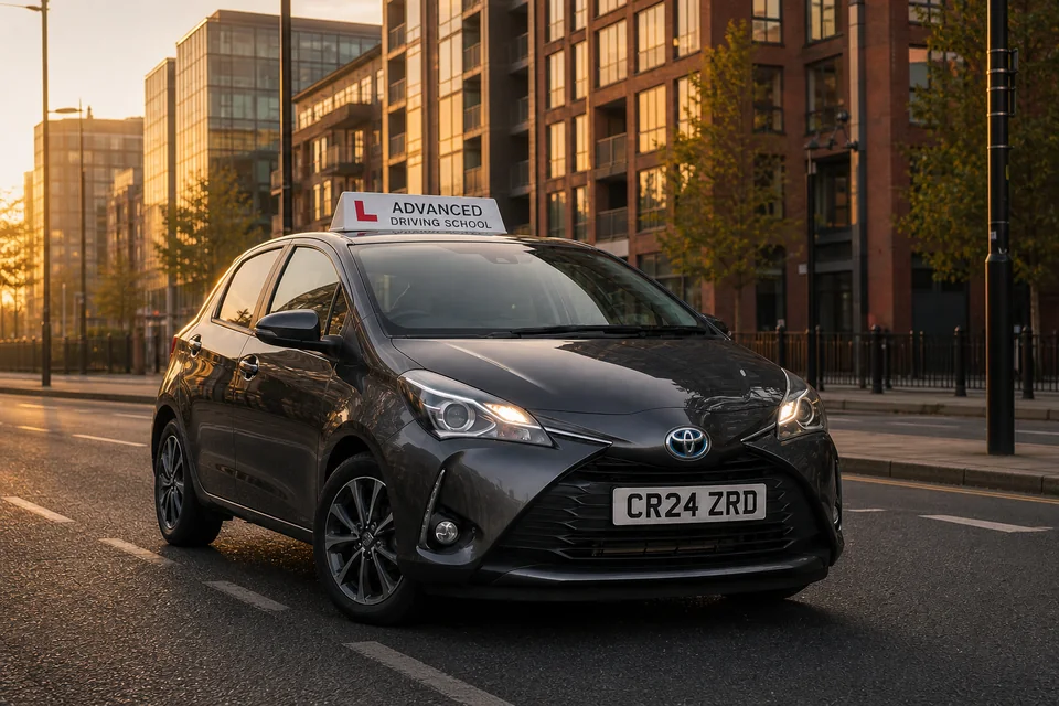Advanced Driving School automatic hybrid hatchback at golden hour