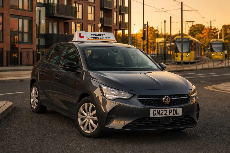 Advanced Driving School manual city hatchback at golden hour