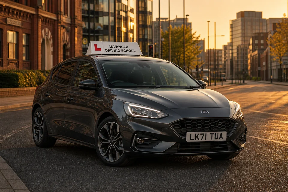 Advanced Driving School modern manual compact at golden hour