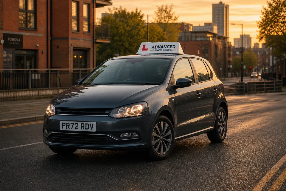Advanced Driving School compact manual hatchback at golden hour