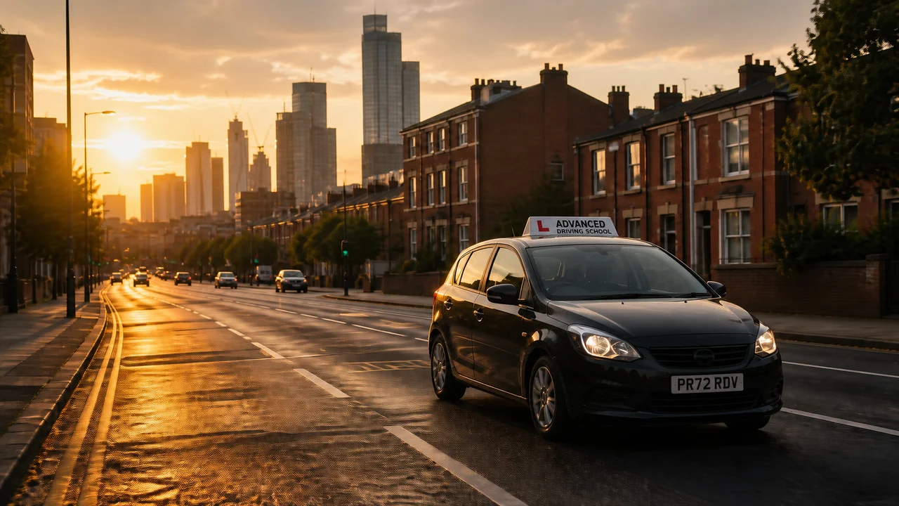 Learner car travelling through Greater Manchester at golden hour
