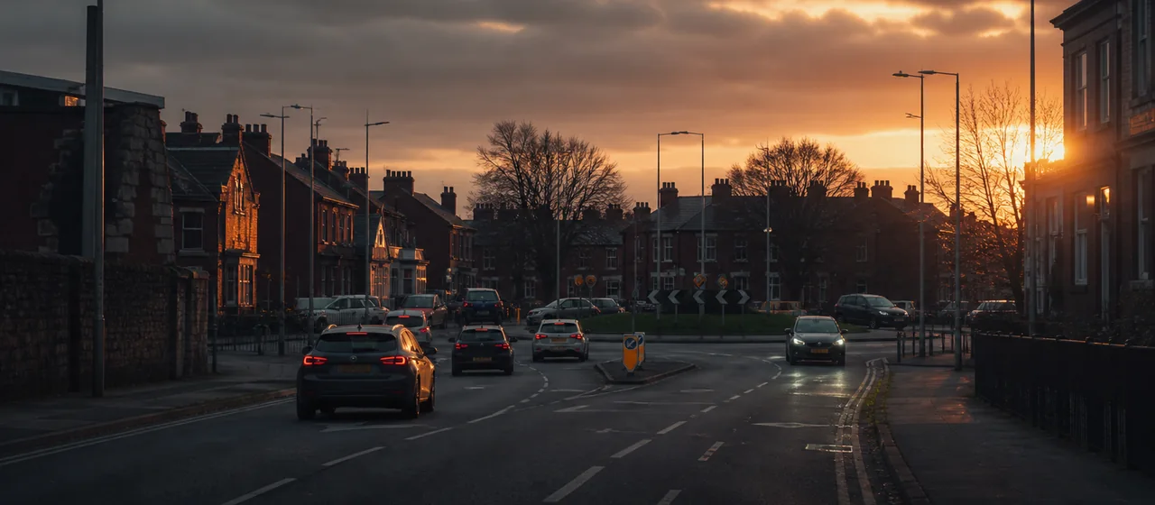 Broad Bolton-style urban road approaching a substantial roundabout