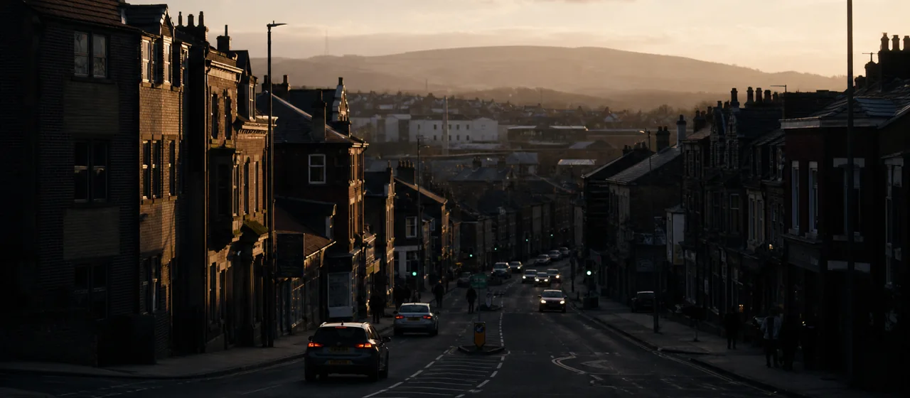 Tameside-style town street opening into a broader connecting road