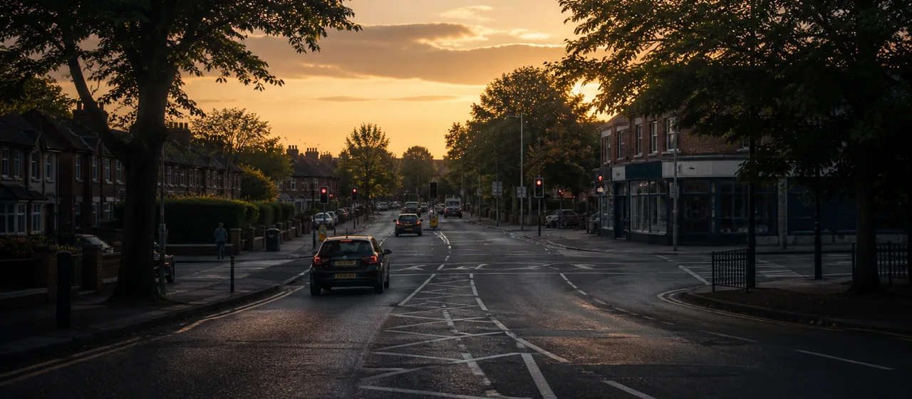 Suburban arterial approaching a larger Trafford-style junction