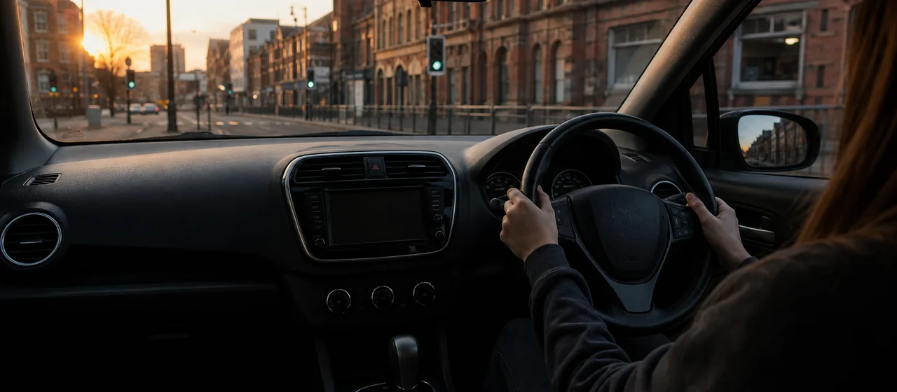 Calm automatic driving lesson in a right-hand-drive urban car