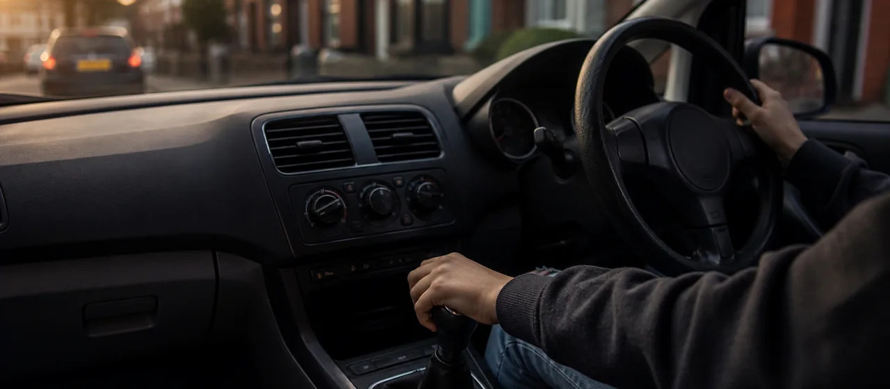 Learner making a gear change in a manual right-hand-drive car