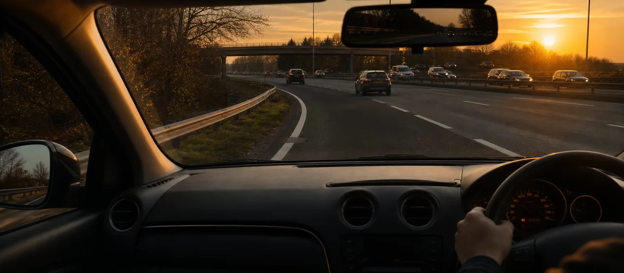 Drivers view of joining a UK motorway from a slip road at golden hour