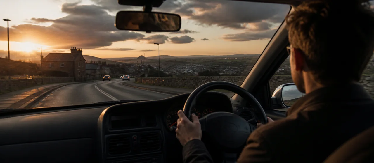 Confident qualified driver travelling from a UK town toward a more open road