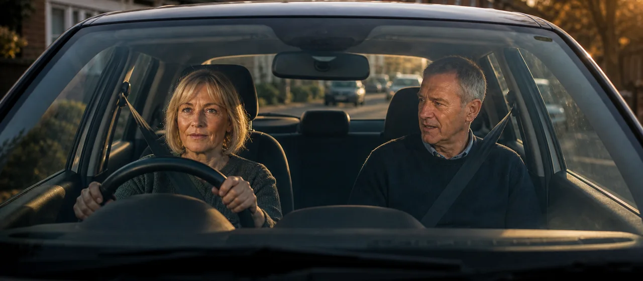 Returning driver receiving calm in-car guidance on an urban road