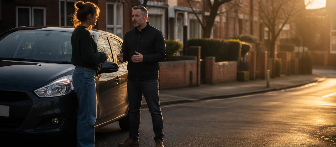 Instructor and prospective learner talking beside a learner car