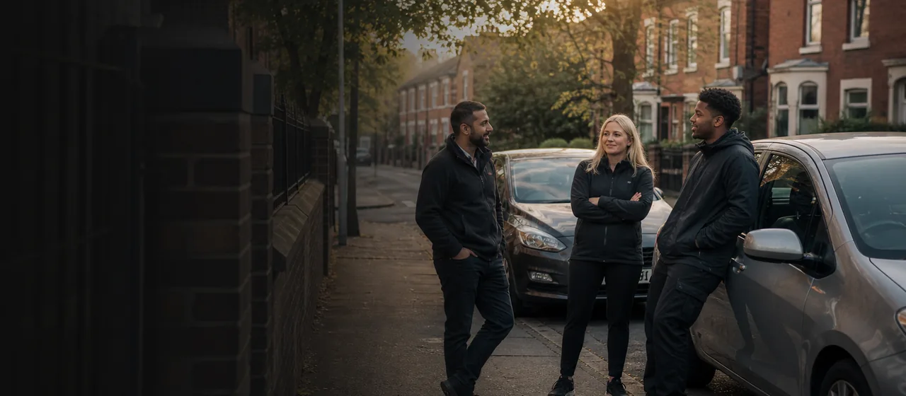 Small team of driving instructors standing near learner cars at golden hour