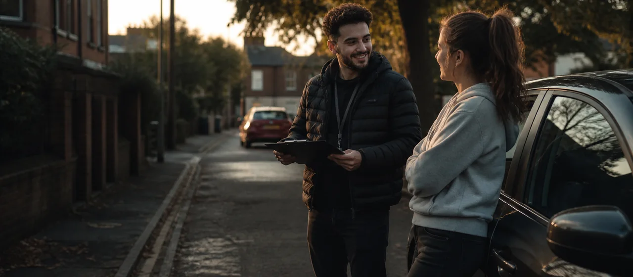 Learner and instructor talking beside a learner car after a lesson